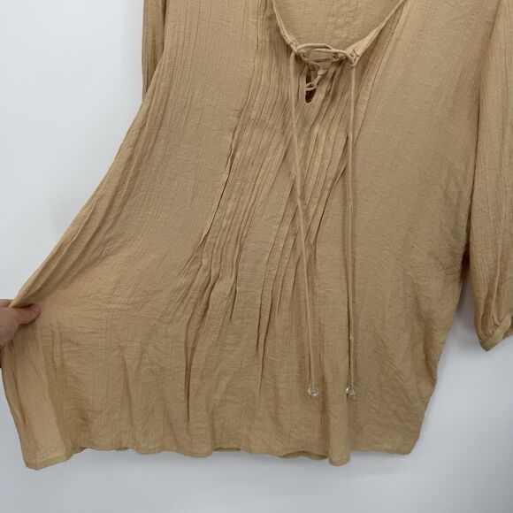 Notations Beige Tan Boho Lace Up Blouse Top Size 2X Plus Rayon - Picture 3 of 10